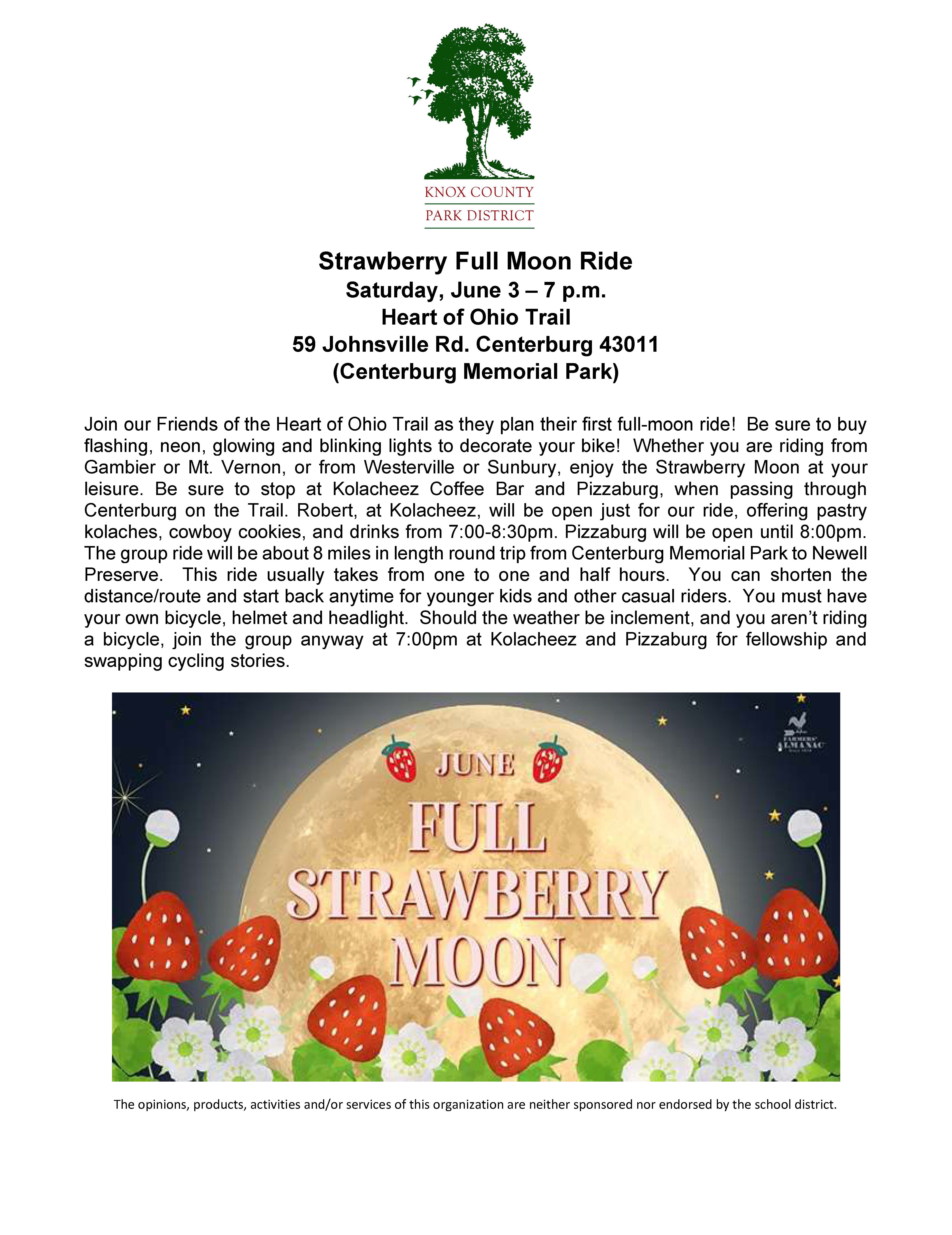 Knox county Park District Flyer of Full Strawberry Moon Bicycle Ride.